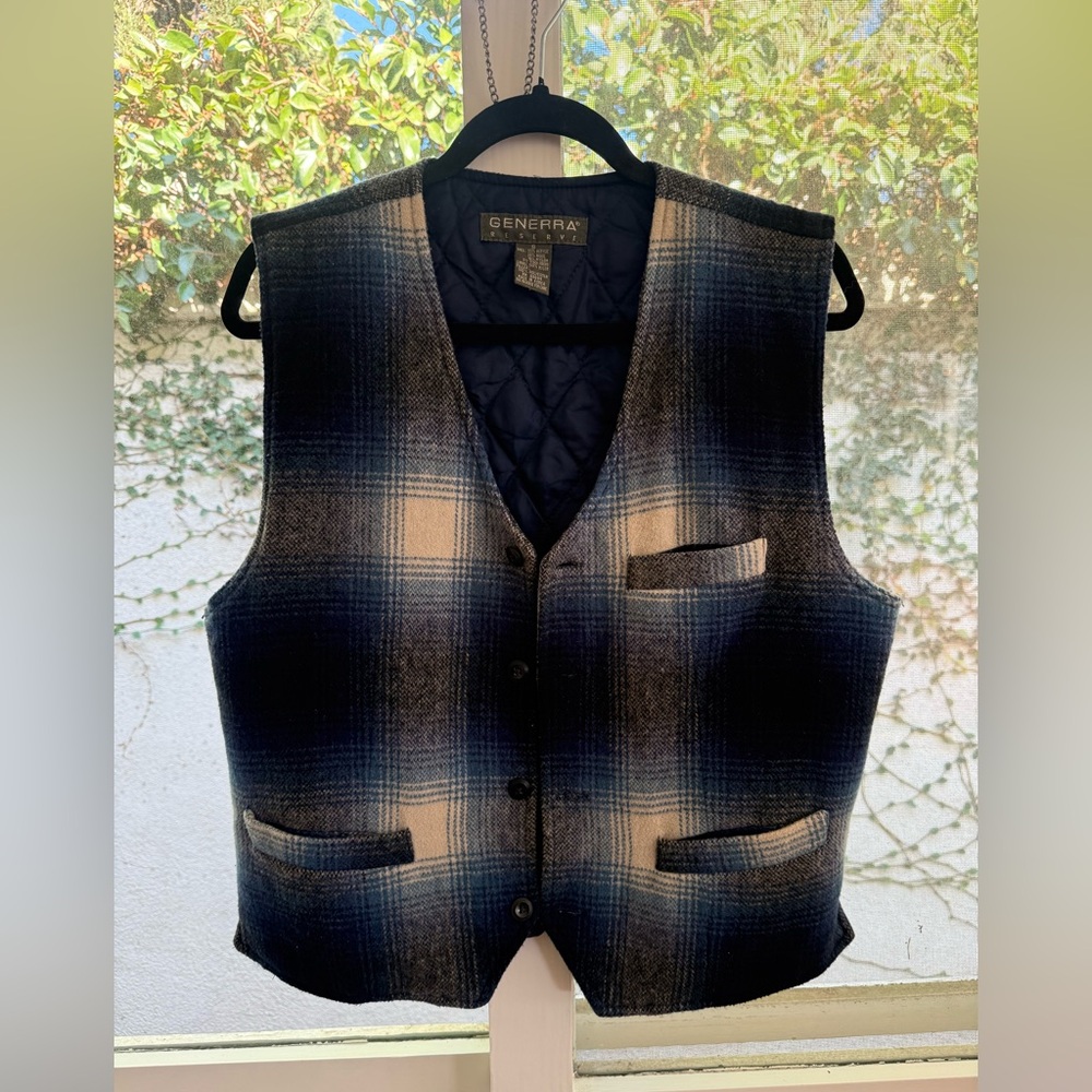 Vintage 90s Generra Reserve Wool Blend Blue & White Plaid Gorpcore Grunge Vest - Picture 11 of 12